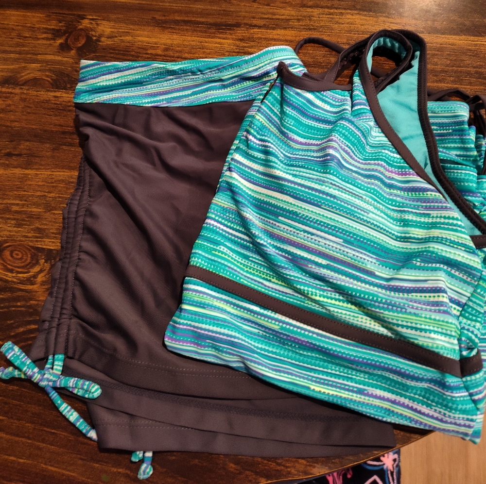 Teal and gray cinched sided women's swimsuit